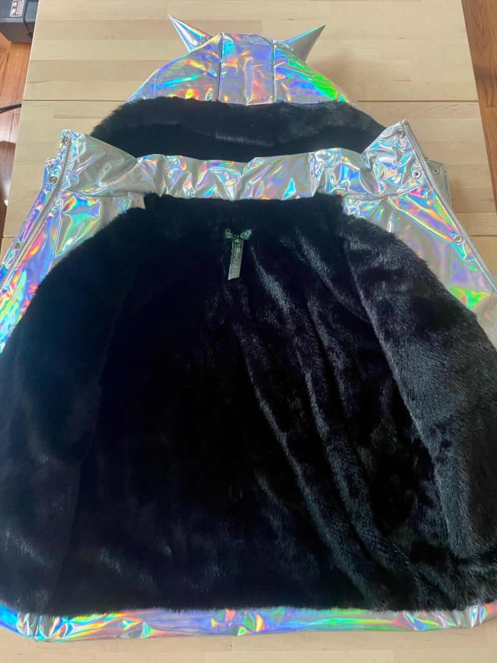 Dolls Kill Club EXX Women's Iridescent Puffer Jacket w/ Horned Hood size SM NWOT - Picture 7 of 13